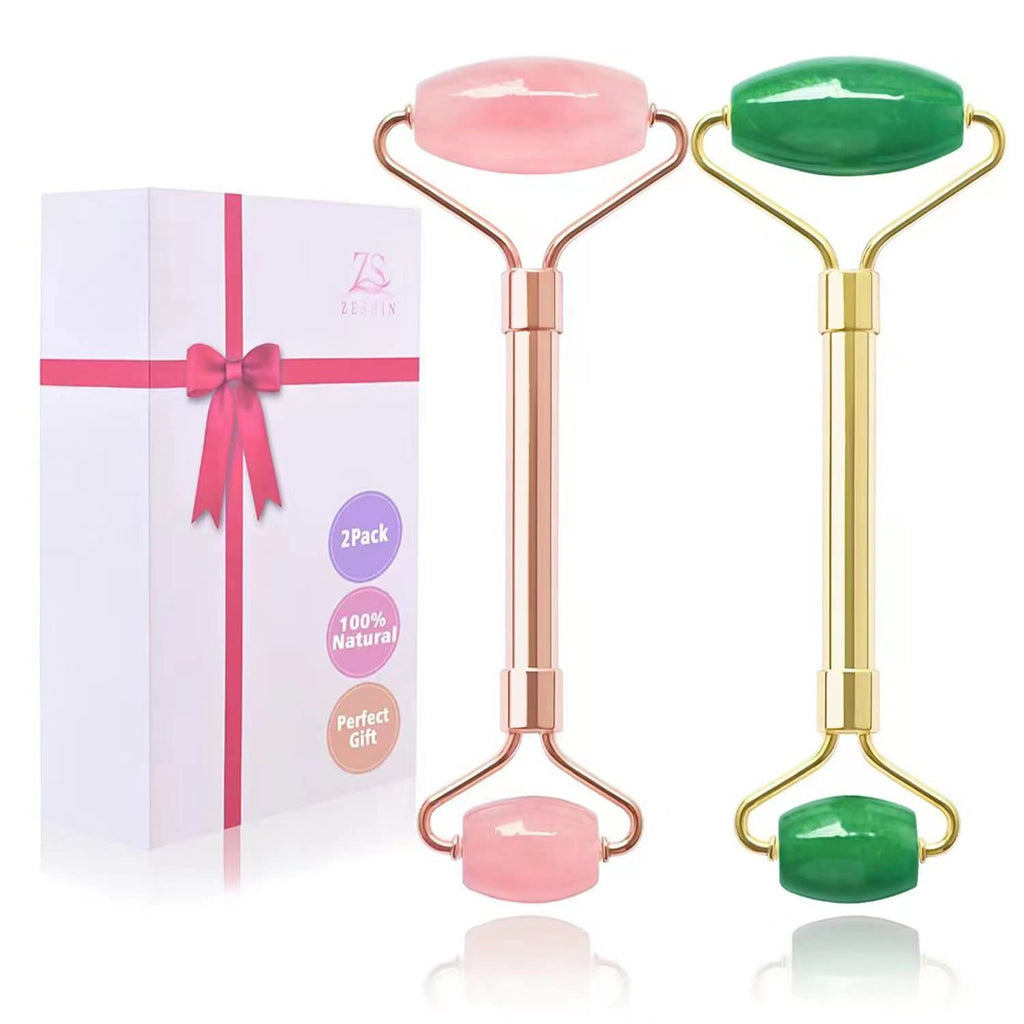 ZS ZESHIN 2 Pack Jade Facial Roller & Rose Quartz Face Roller for Wrinkles and Puffiness Natural Jade Stone Face Massager Roller