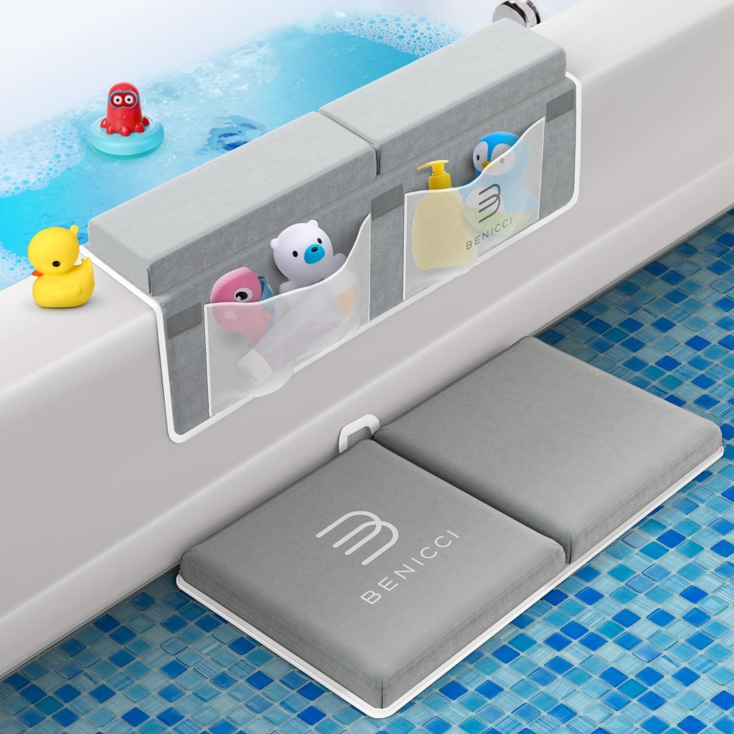 Comfortable Bath Kneeler and Elbow Kneeling Rest Pad for Baby Bathing Parents - Painless Foam Mat with Toy Organizer Pockets - Quick Drying, Foldable